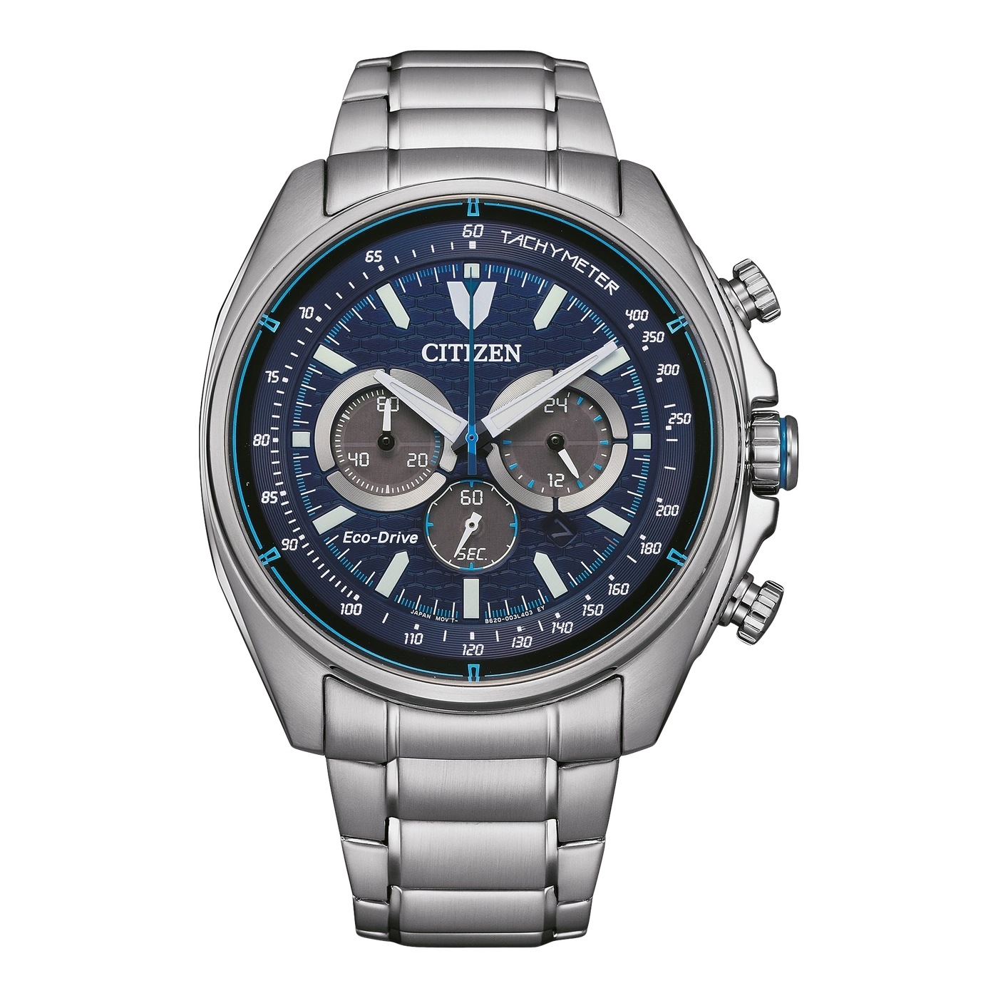 Citizen horloge met blauwe wijzerplaat, tachymeter en chronograaf functies.