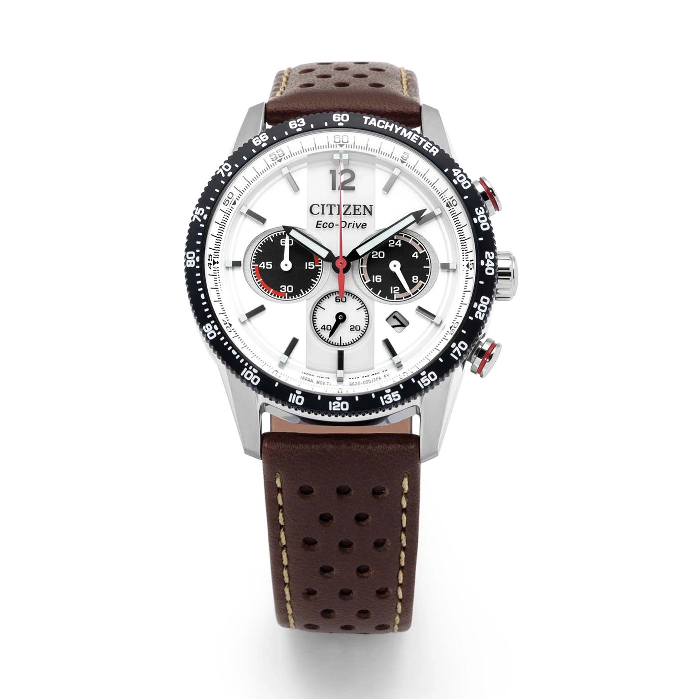 Een wit Citizen Eco-Drive chronograaf horloge met een bruine leren band.