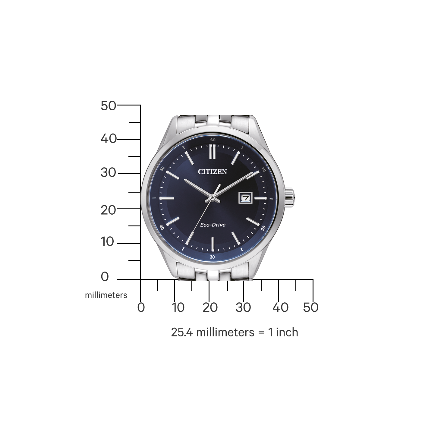 Citizen horloge met donkerblauwe wijzerplaat en zilveren band, Eco-Drive technologie.