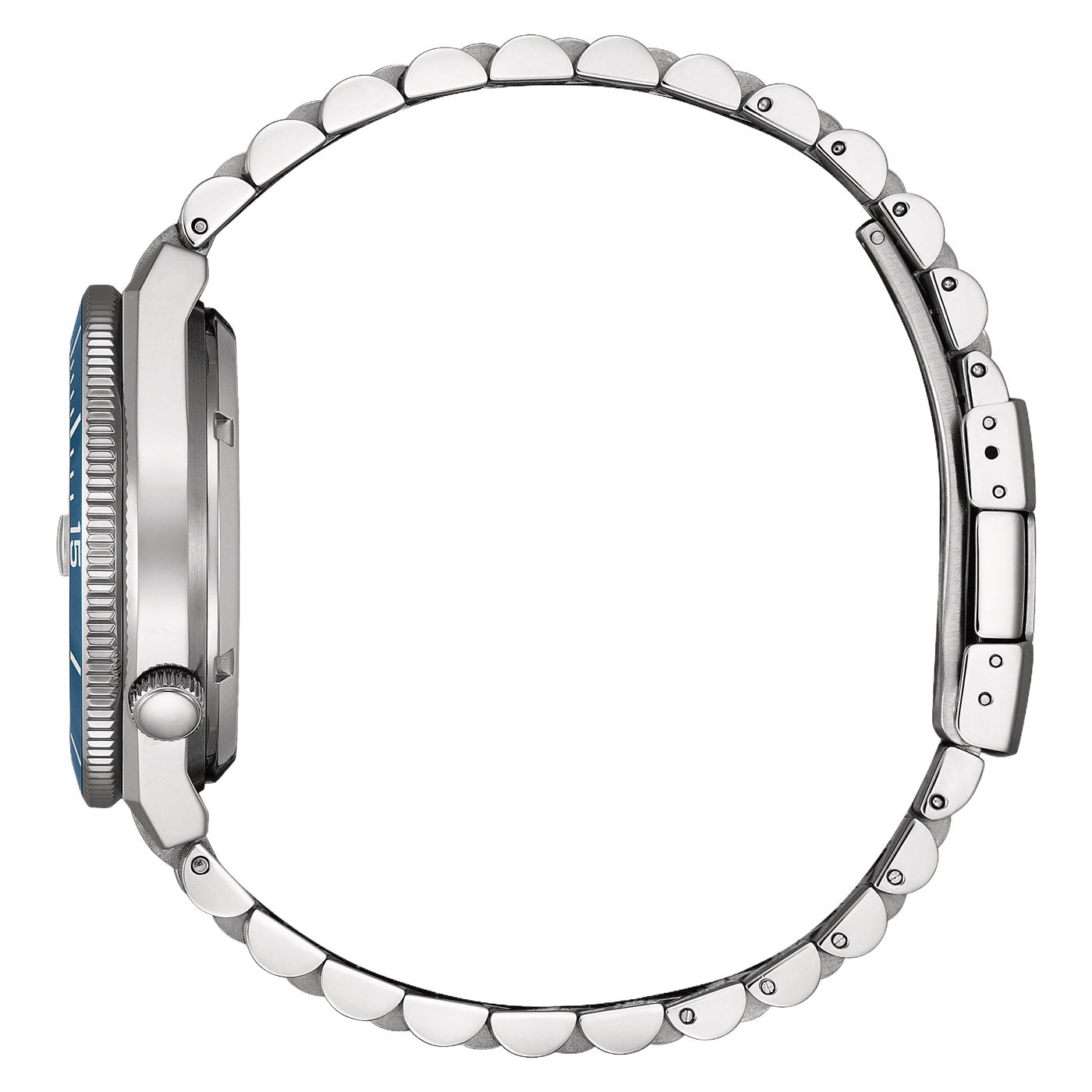 Zijaanzicht van een zilveren horloge met een blauwe wijzerplaat en metalen band.