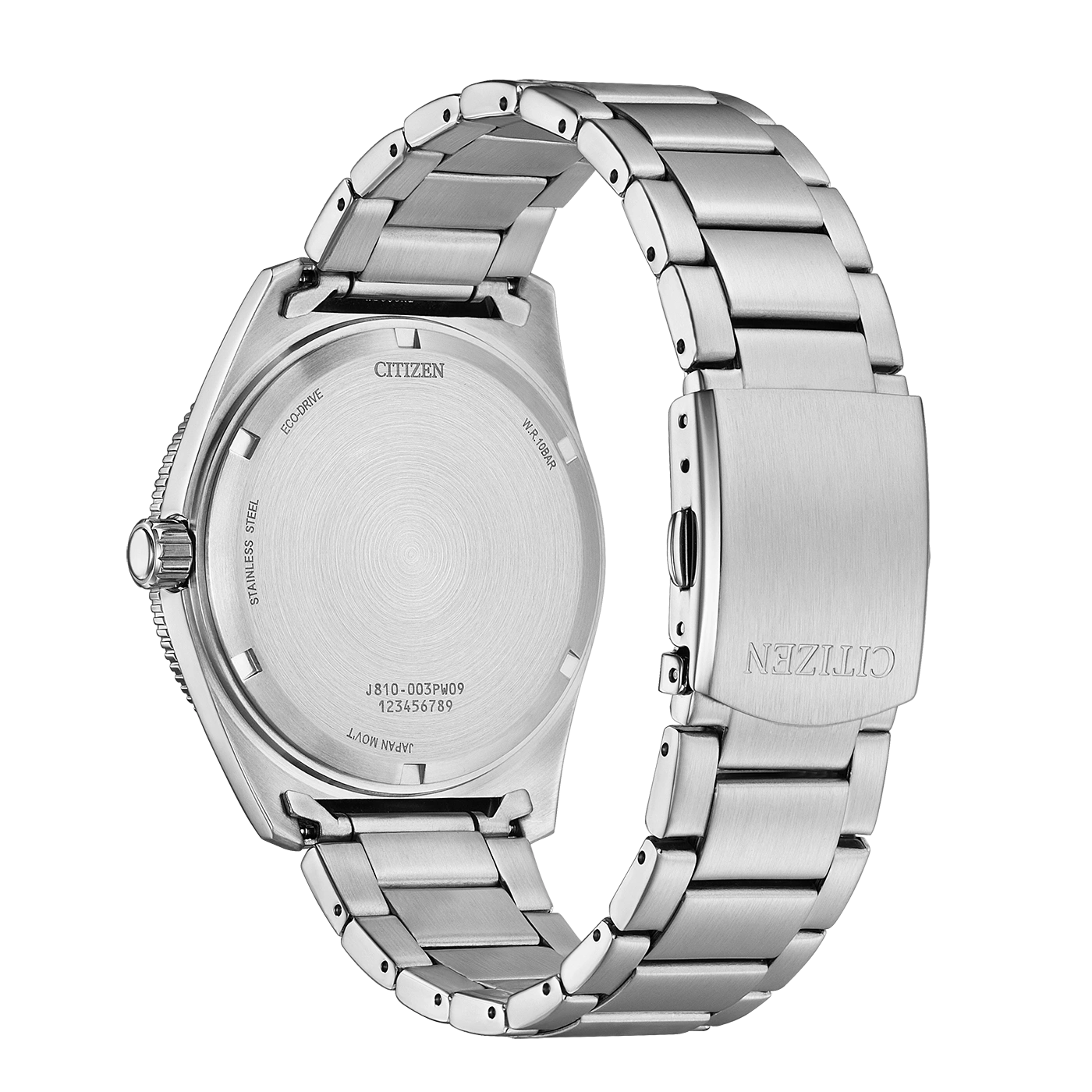 Achterkant van een zilveren Citizen Eco-Drive horloge met metalen band.