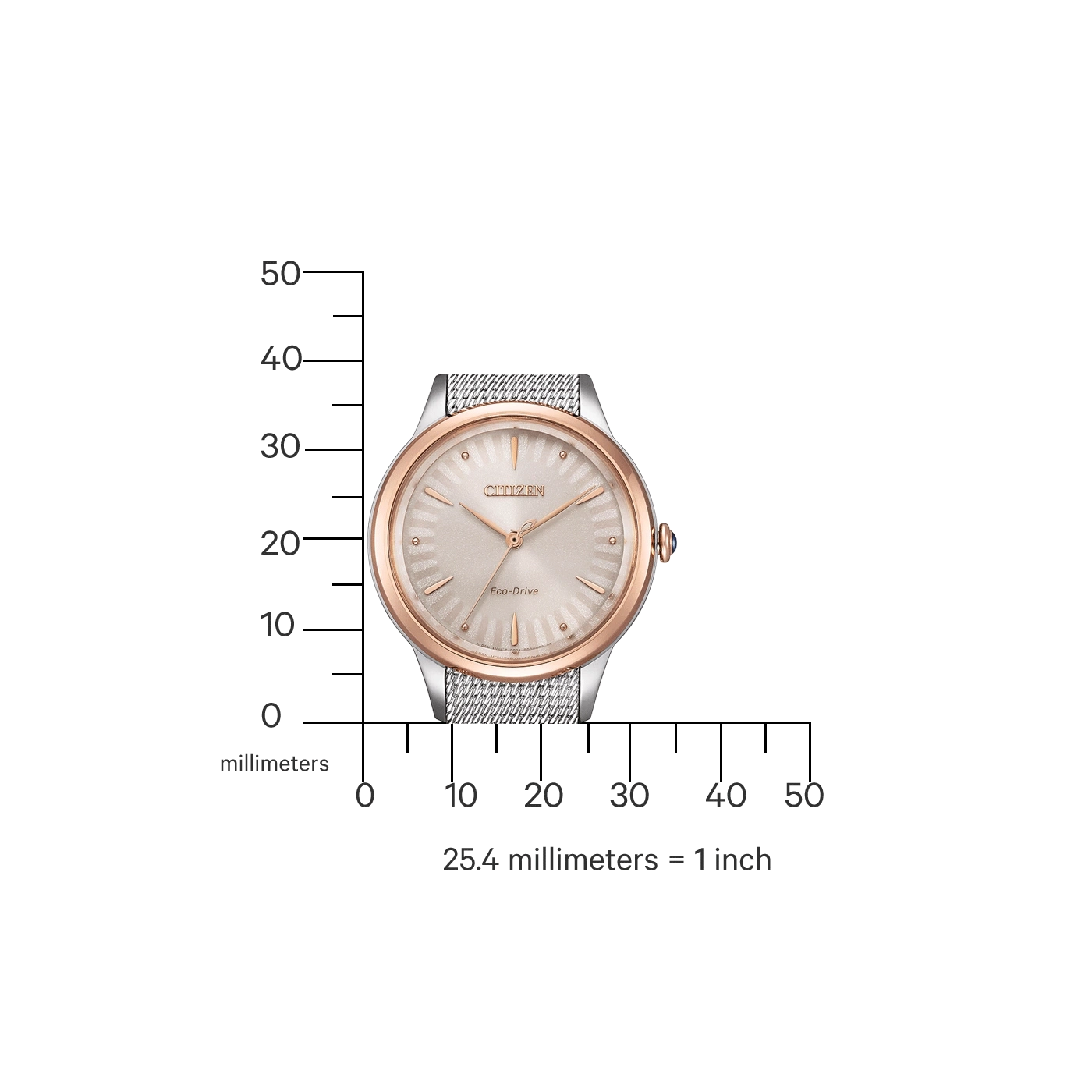 Citizen horloge met roségouden accenten, mesh band en Eco-Drive technologie, met een millimeterschaal.