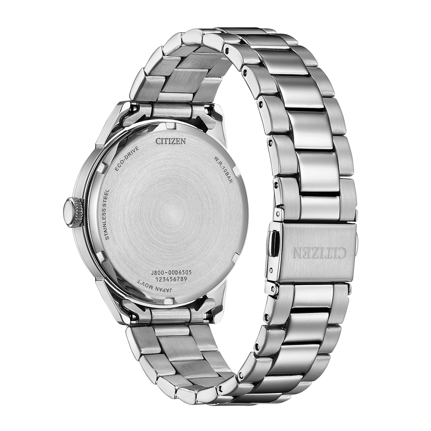 Achterkant van een roestvrijstalen Citizen Eco-Drive horloge met modelnummer.