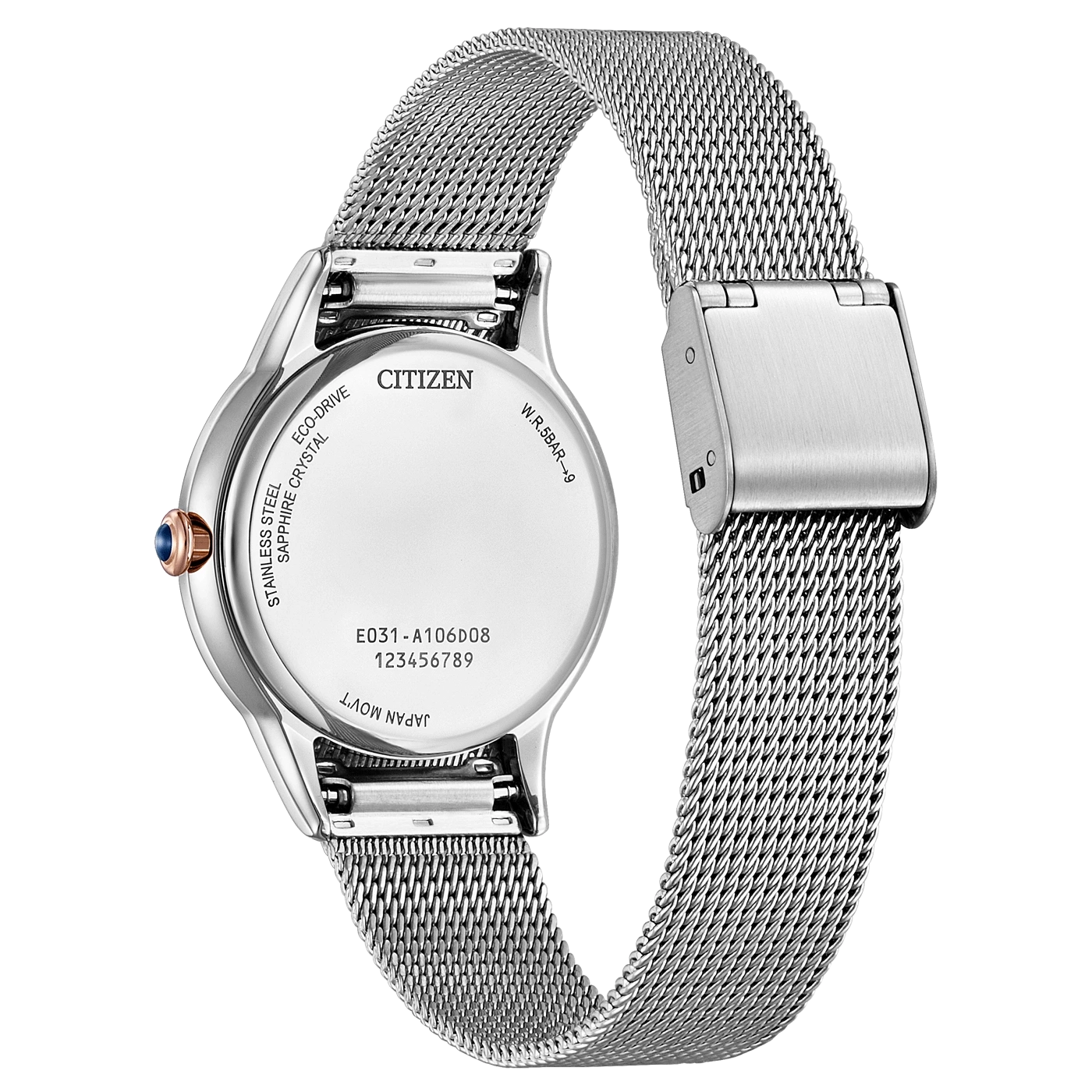 Citizen horlogekast, roestvrij staal, saffierglas, Eco-Drive, mesh band, W.R.5BAR