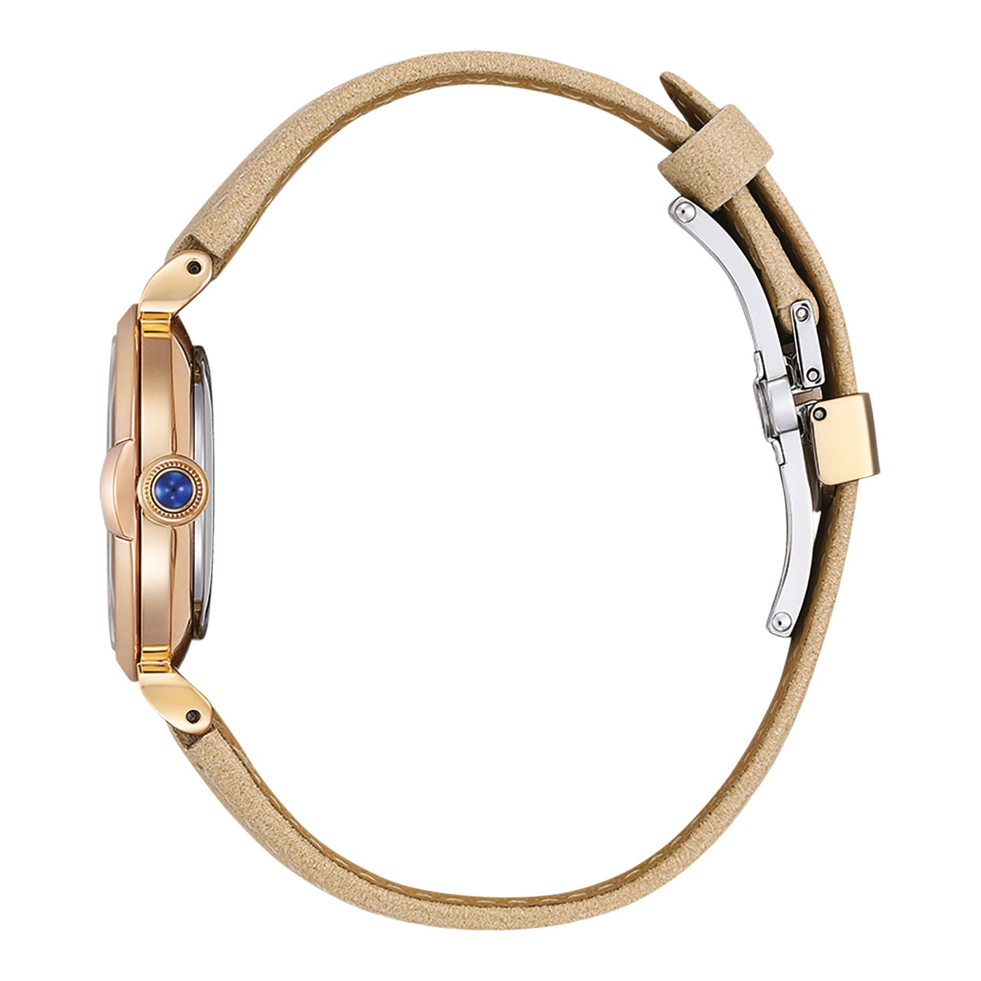 Roségouden horloge met blauwe edelsteen en beige bandje, zijaanzicht.
