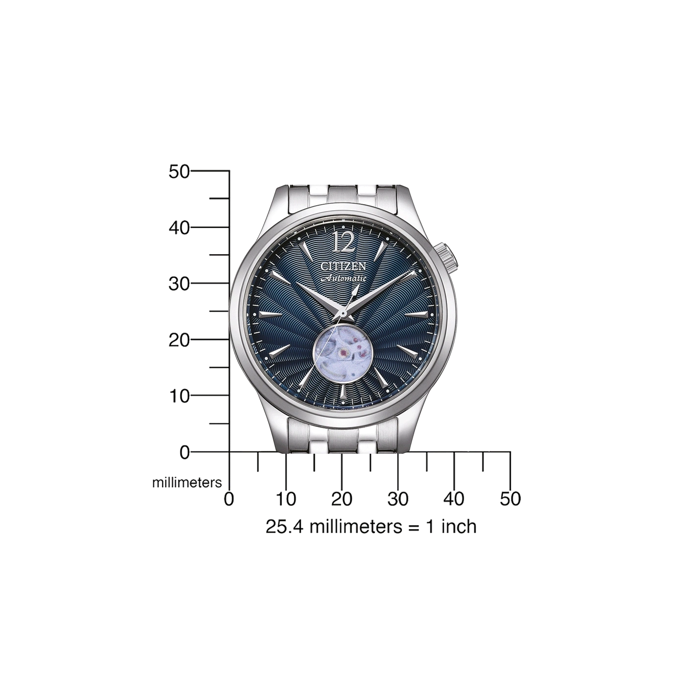 Citizen automatisch horloge met blauwe wijzerplaat en zilveren band, met millimeters.