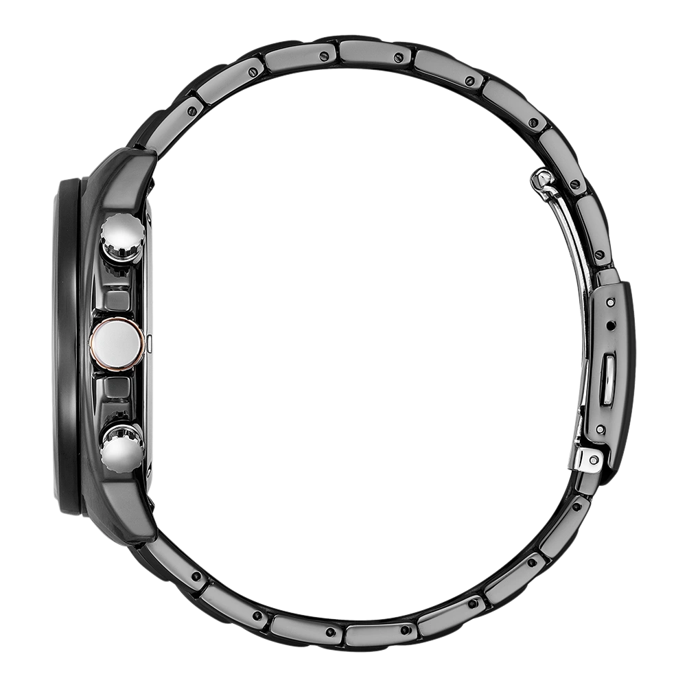 Zijaanzicht van een zwart horloge met een metalen armband en knoppen.