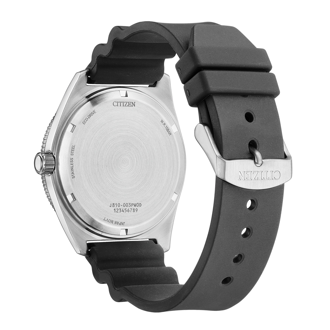 Achterkant van een Citizen Eco-Drive horloge met zwarte rubberen band.