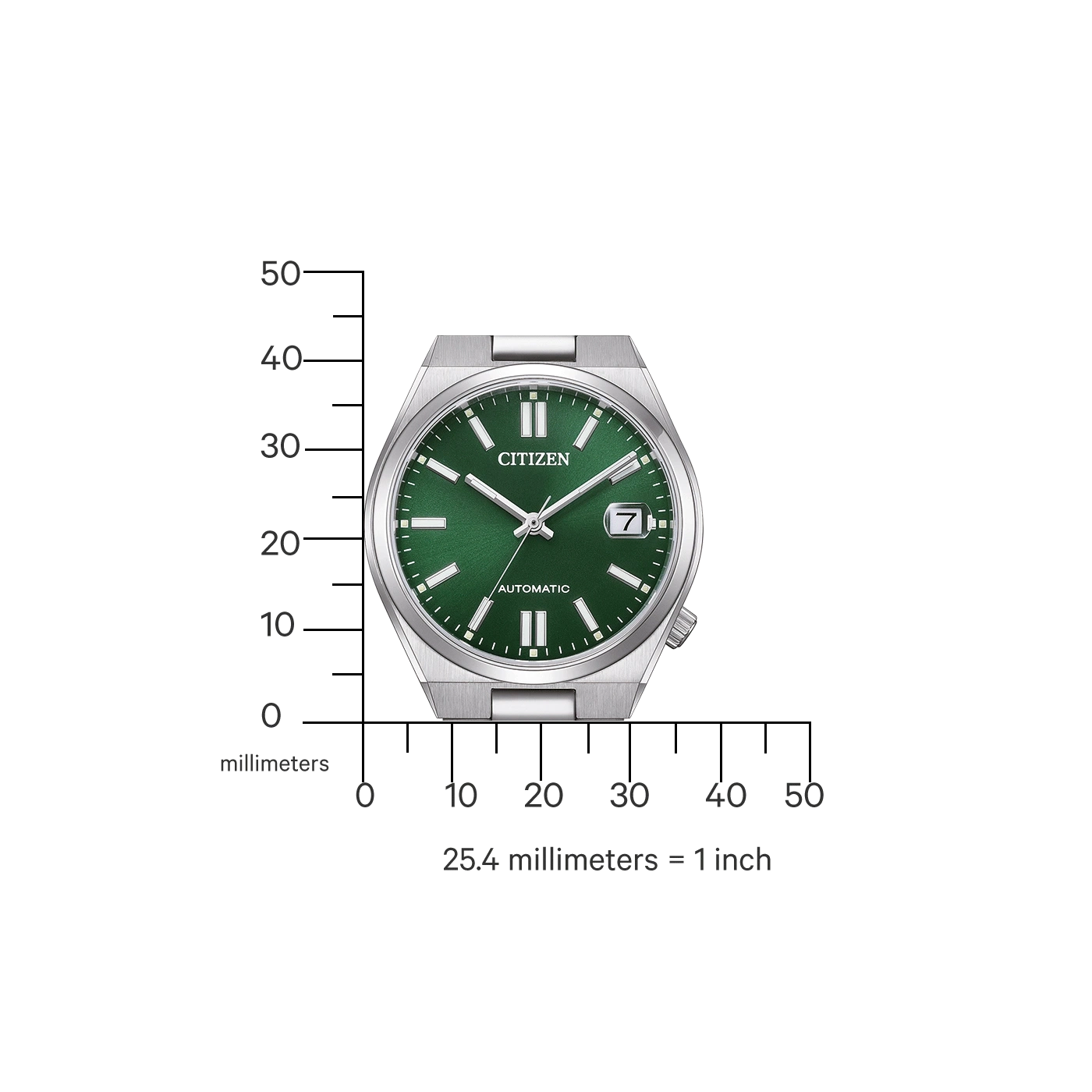 Citizen horloge met groene wijzerplaat, automatisch, datumweergave, en millimeterschaal.