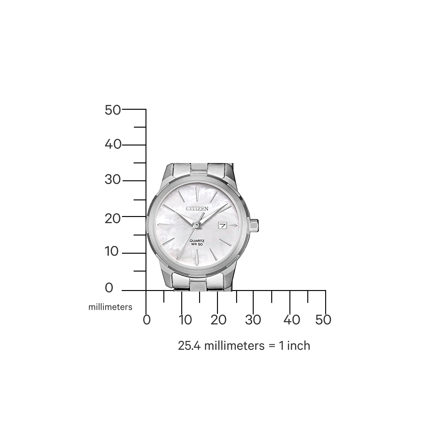 Citizen horloge met een witte wijzerplaat en zilveren band, met een schaal in millimeters.