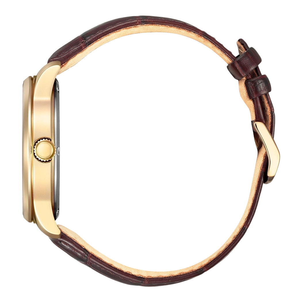 Zijaanzicht van een gouden horloge met een bruine leren band.