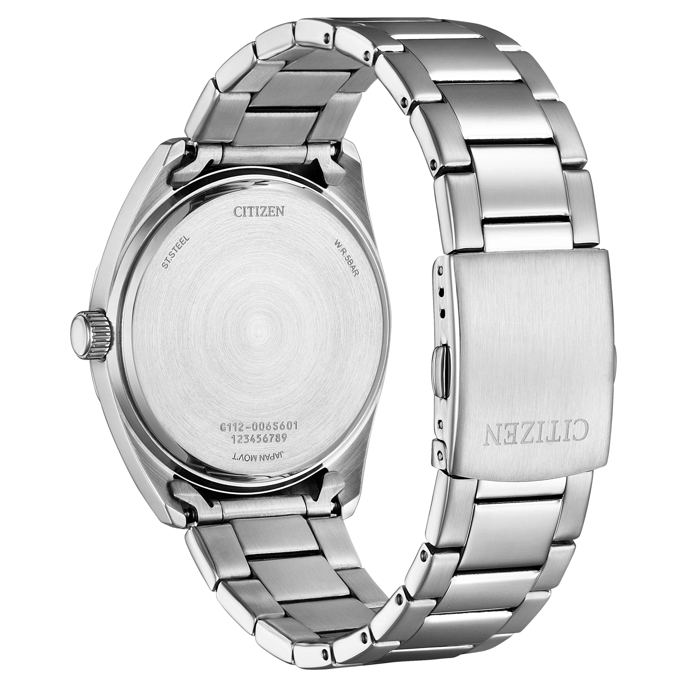 Citizen horlogerug, roestvrij staal, zilver, met merknaam en details.
