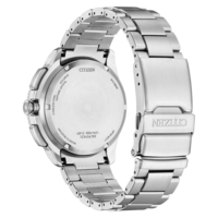 Achterkant van een geborsteld roestvrijstalen Citizen Eco-Drive horloge.