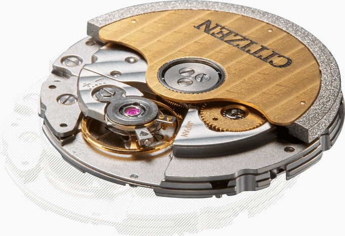 Close-up van een Citizen horlogemechanisme, met ingewikkelde details en tandwielen.