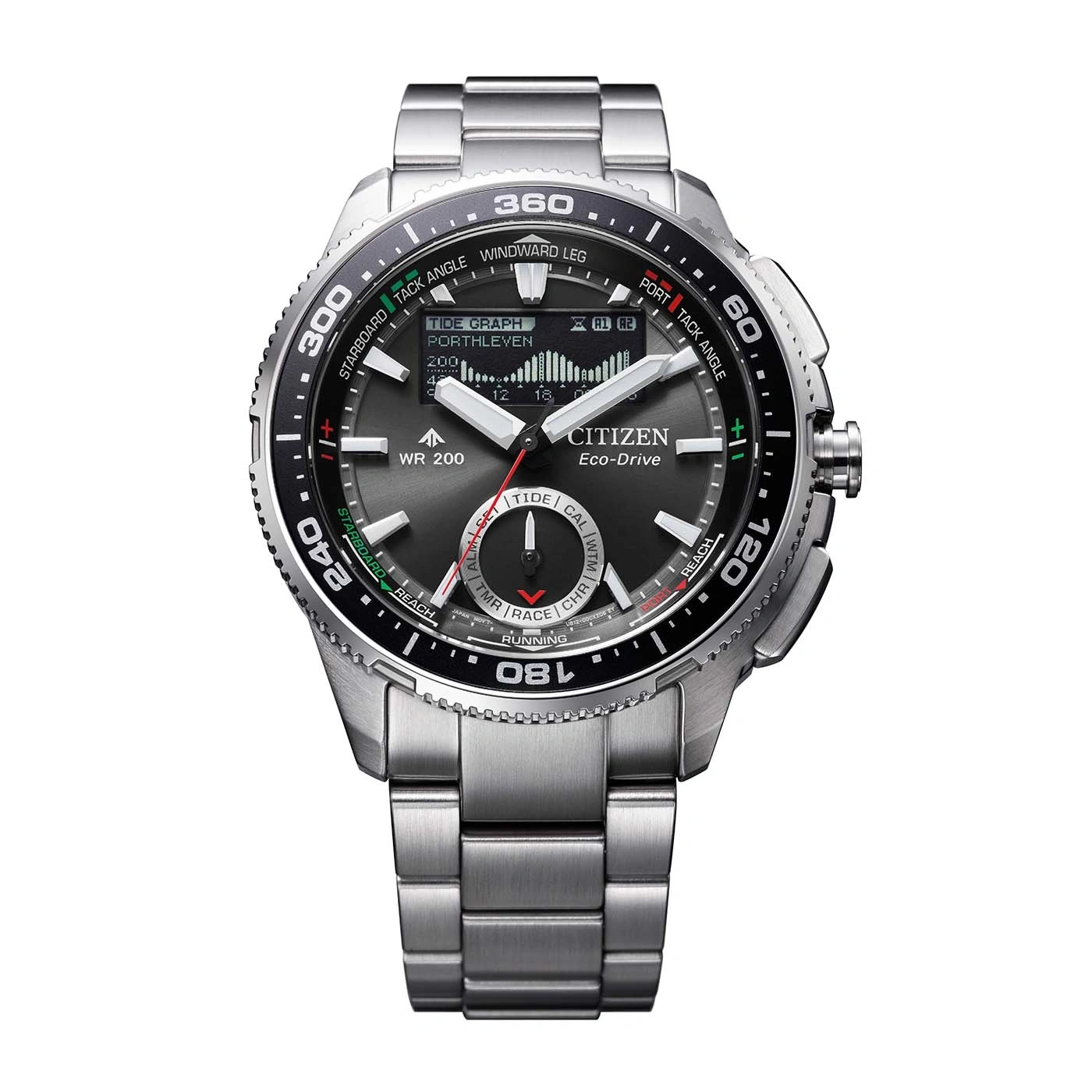Een Citizen Eco-Drive horloge met een donkere wijzerplaat, zilveren band en getijdengrafiek.