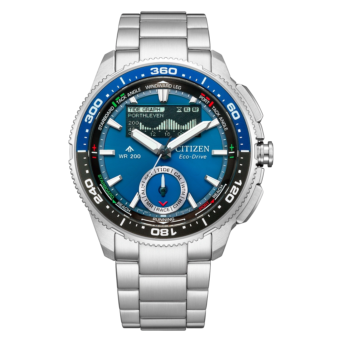 Een Citizen Eco-Drive horloge met een blauwe wijzerplaat en metalen band.
