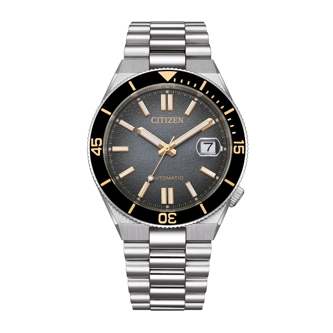Een Citizen automatisch horloge met een donkere wijzerplaat, gouden accenten en metalen band.