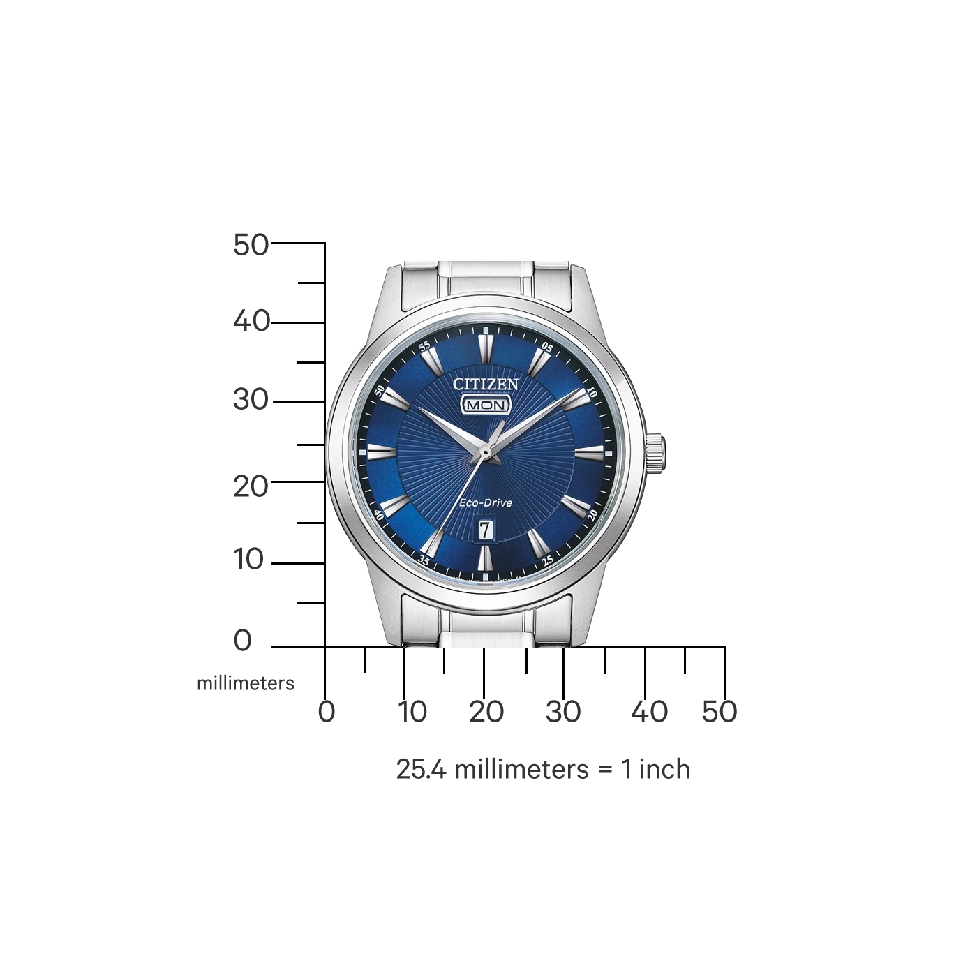 Citizen horloge met blauwe wijzerplaat, Eco-Drive en datumweergave, roestvrijstalen band.