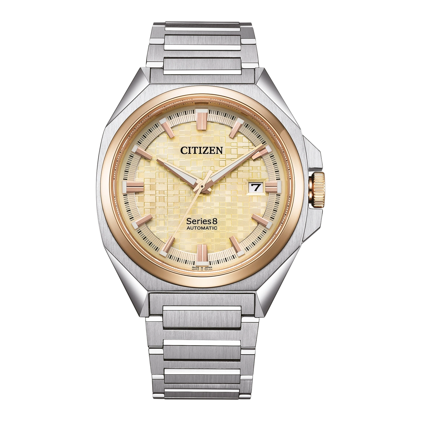 Citizen Series 8 automatische horloge met goud en zilver accenten en een datumweergave.