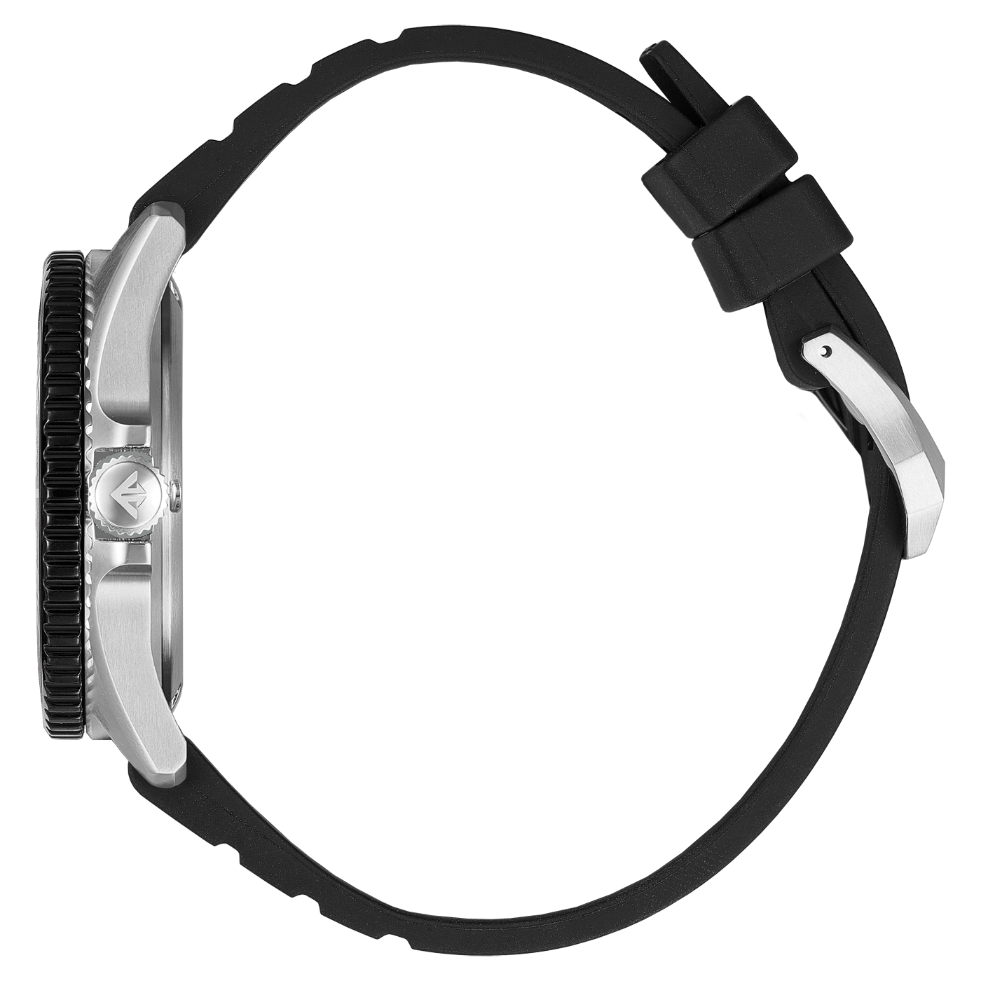 Zijaanzicht van een zilveren horloge met een zwarte rubberen band en een draaibare lunette.