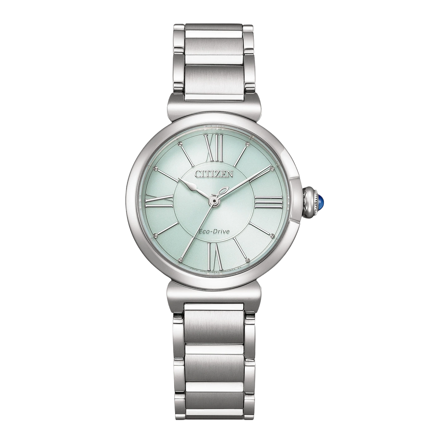 Een zilveren Citizen Eco-Drive horloge met een lichtblauwe wijzerplaat en Romeinse cijfers.