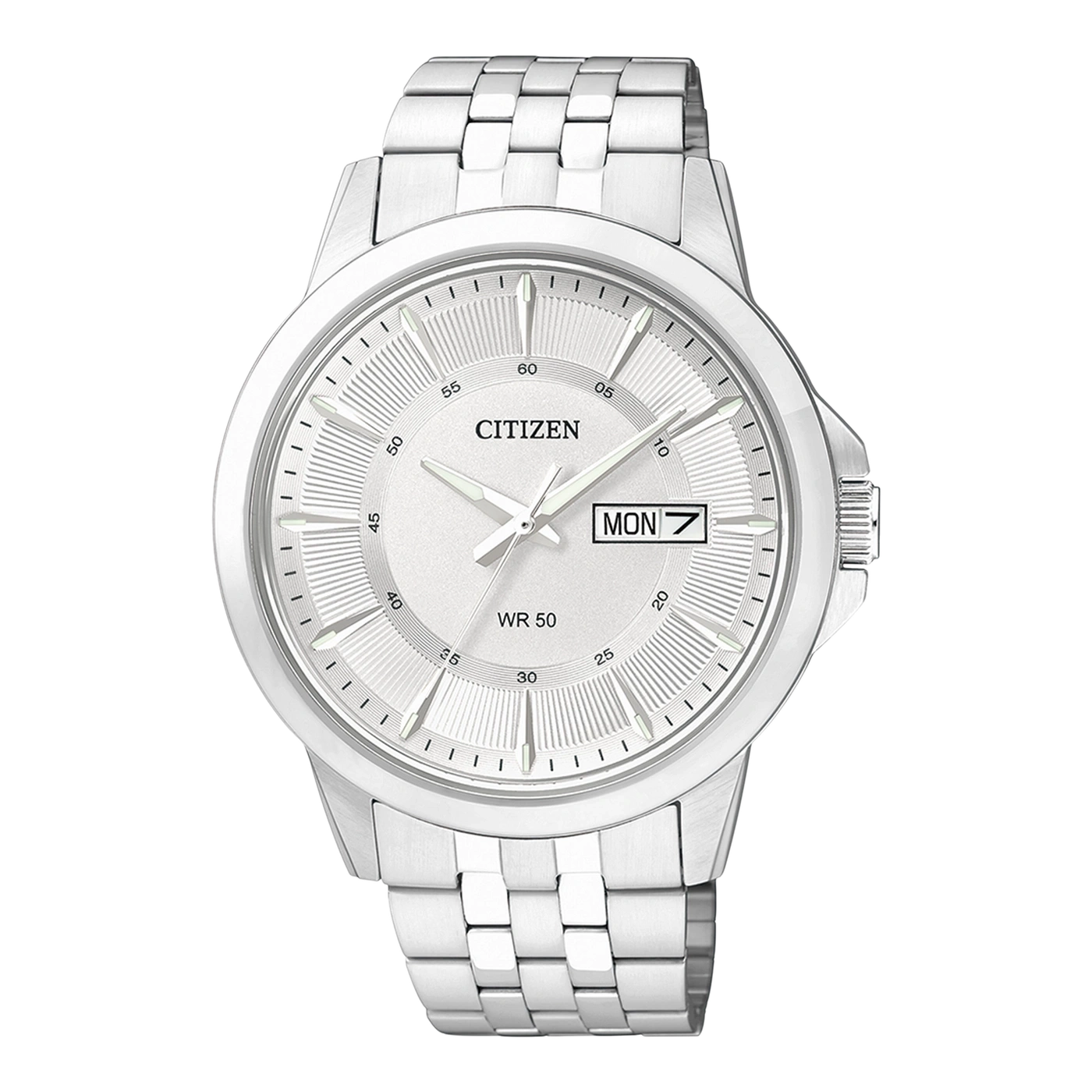 Zilveren Citizen horloge met witte wijzerplaat en datumweergave.