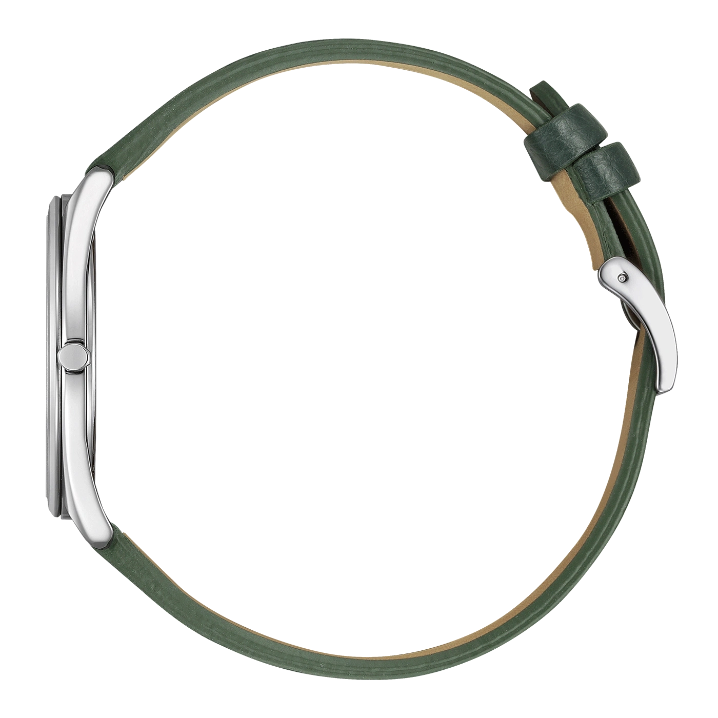 Zijaanzicht van een zilveren horloge met een groene leren band.