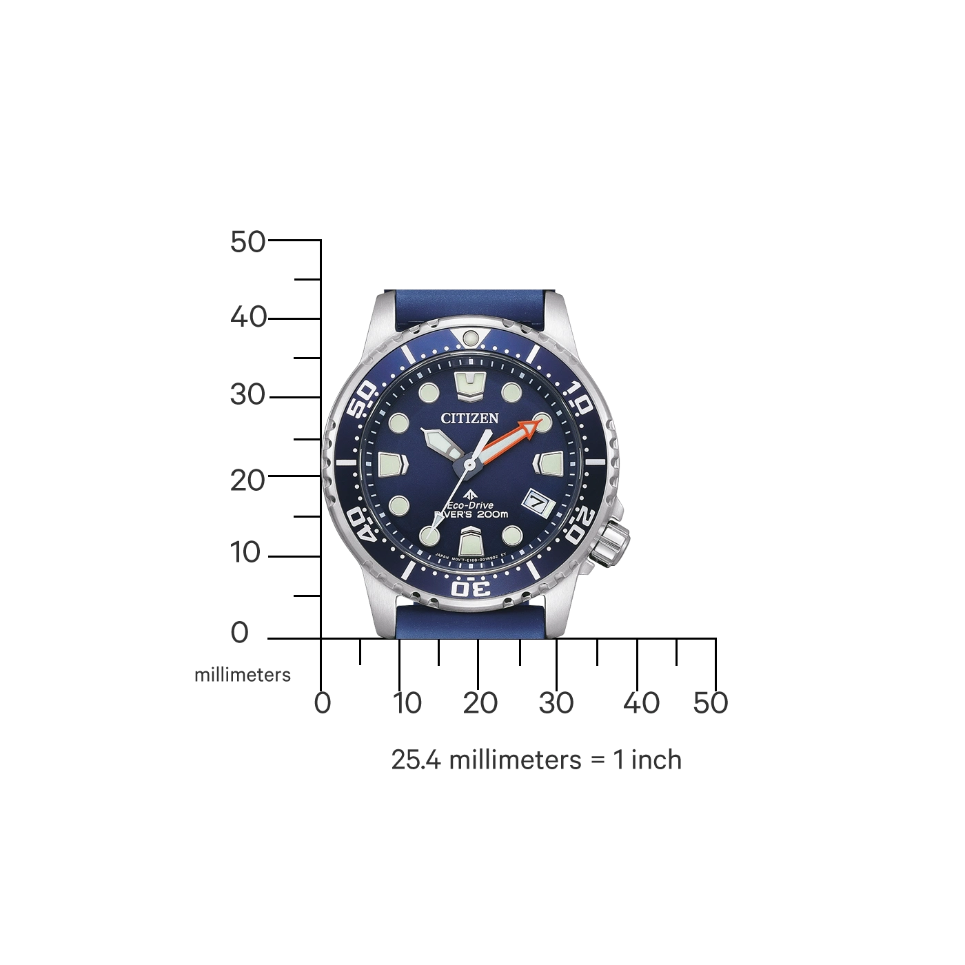 Citizen horloge met blauwe wijzerplaat en band, meetschaal in millimeters.