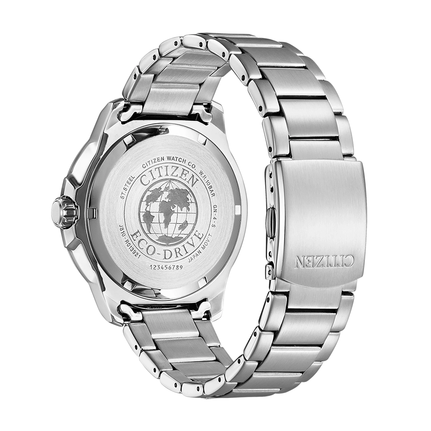 Citizen horlogerug, roestvrij staal, Eco-Drive, met merklogo en tekst.