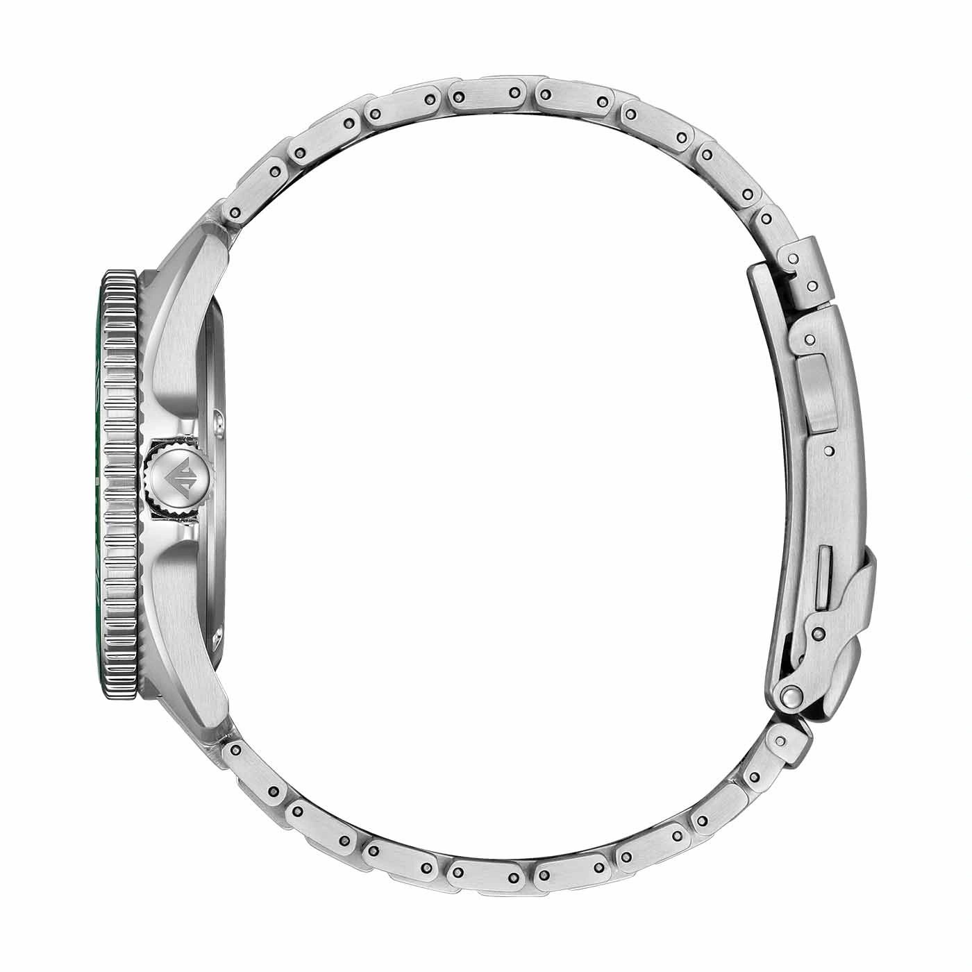 Zijaanzicht van een zilveren horloge met een groene bezel en metalen band.