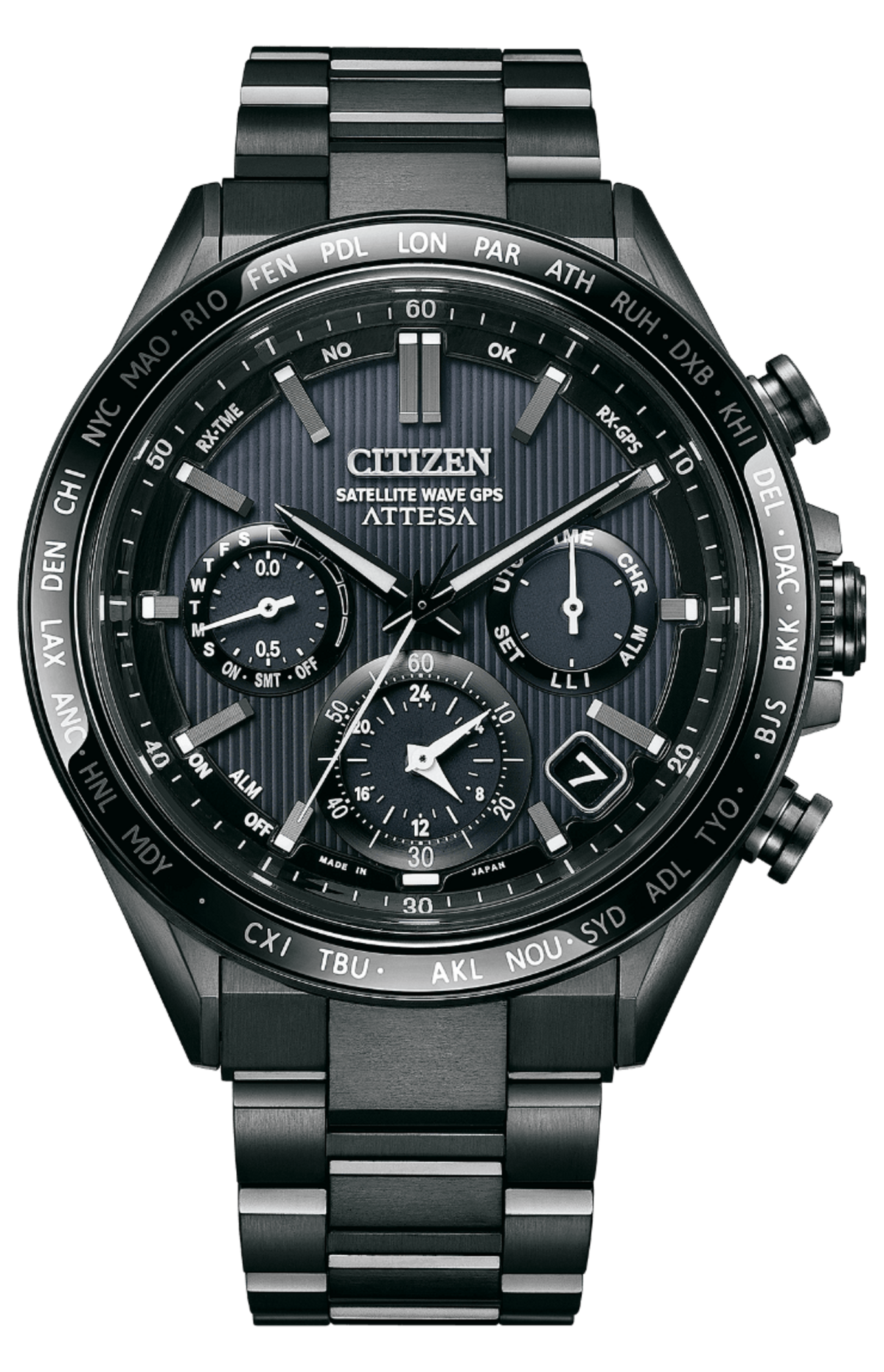 Citizen Attesa horloge met zwarte wijzerplaat, chronograaf en wereldtijdfunctie.