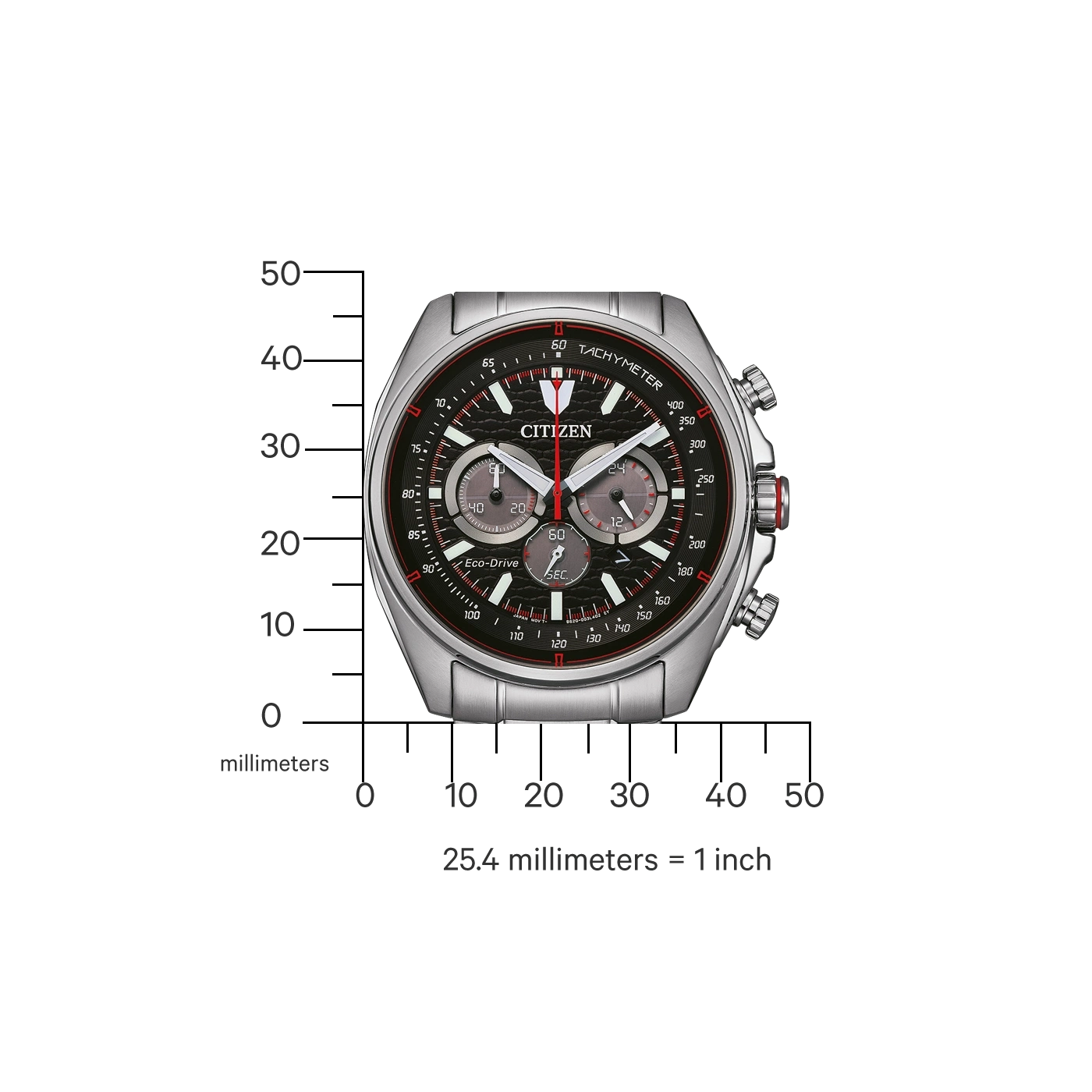 Citizen horloge met zwarte wijzerplaat, chronograaf en tachymeterschaal, die de tijd toont.