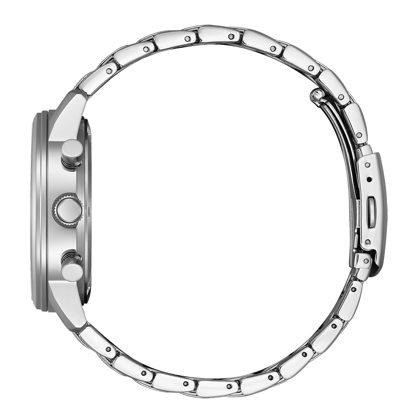 Zijaanzicht van een zilveren horloge met metalen band.