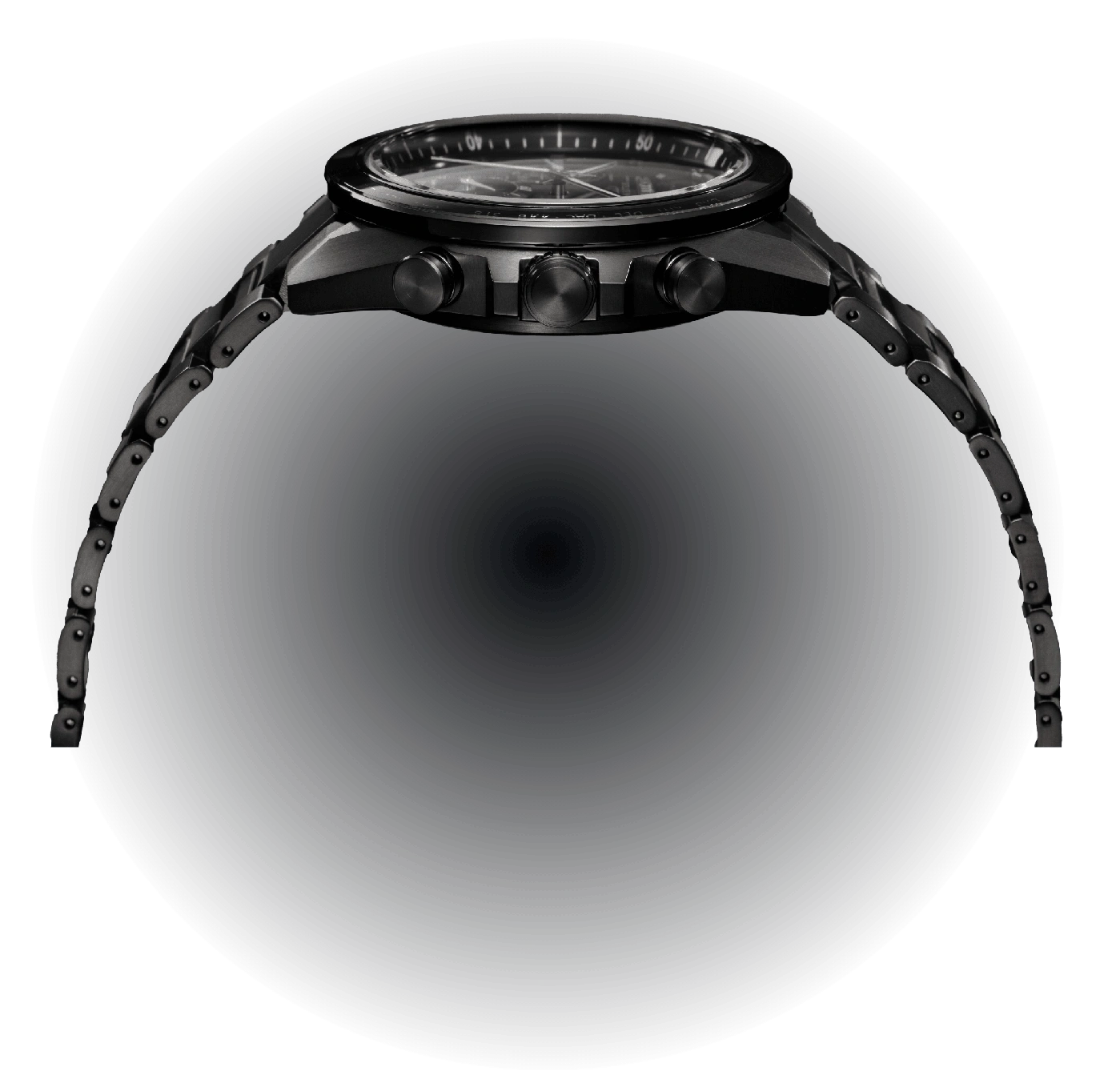 Zwart horloge met metalen band, zijaanzicht, op zwarte achtergrond.