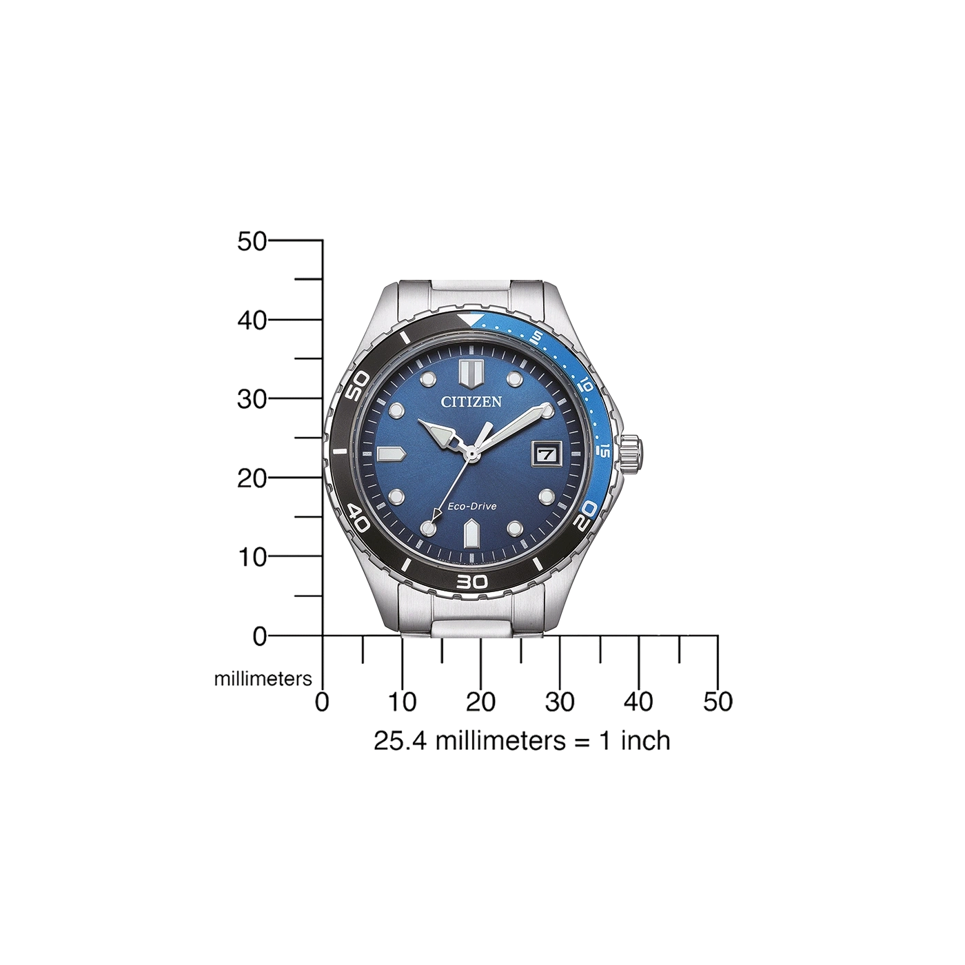 Citizen horloge met blauwe wijzerplaat, zwart-blauwe bezel en zilveren band. Eco-Drive.