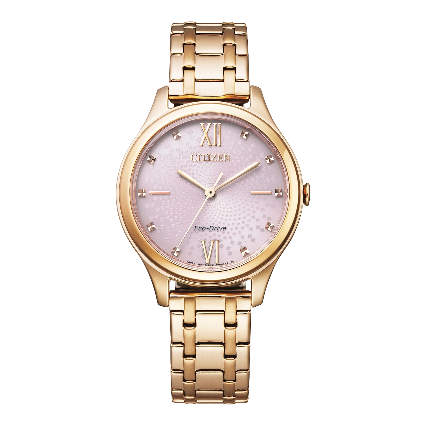 Gouden Citizen horloge met roze wijzerplaat en gouden armband, elegant design.