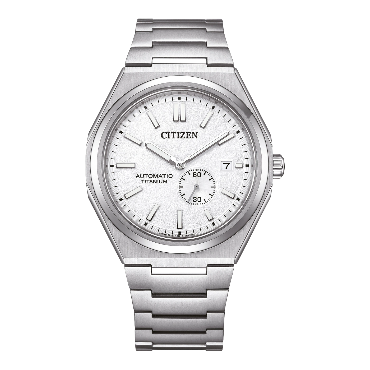 Citizen horloge met witte wijzerplaat, automatisch titanium en datumweergave.