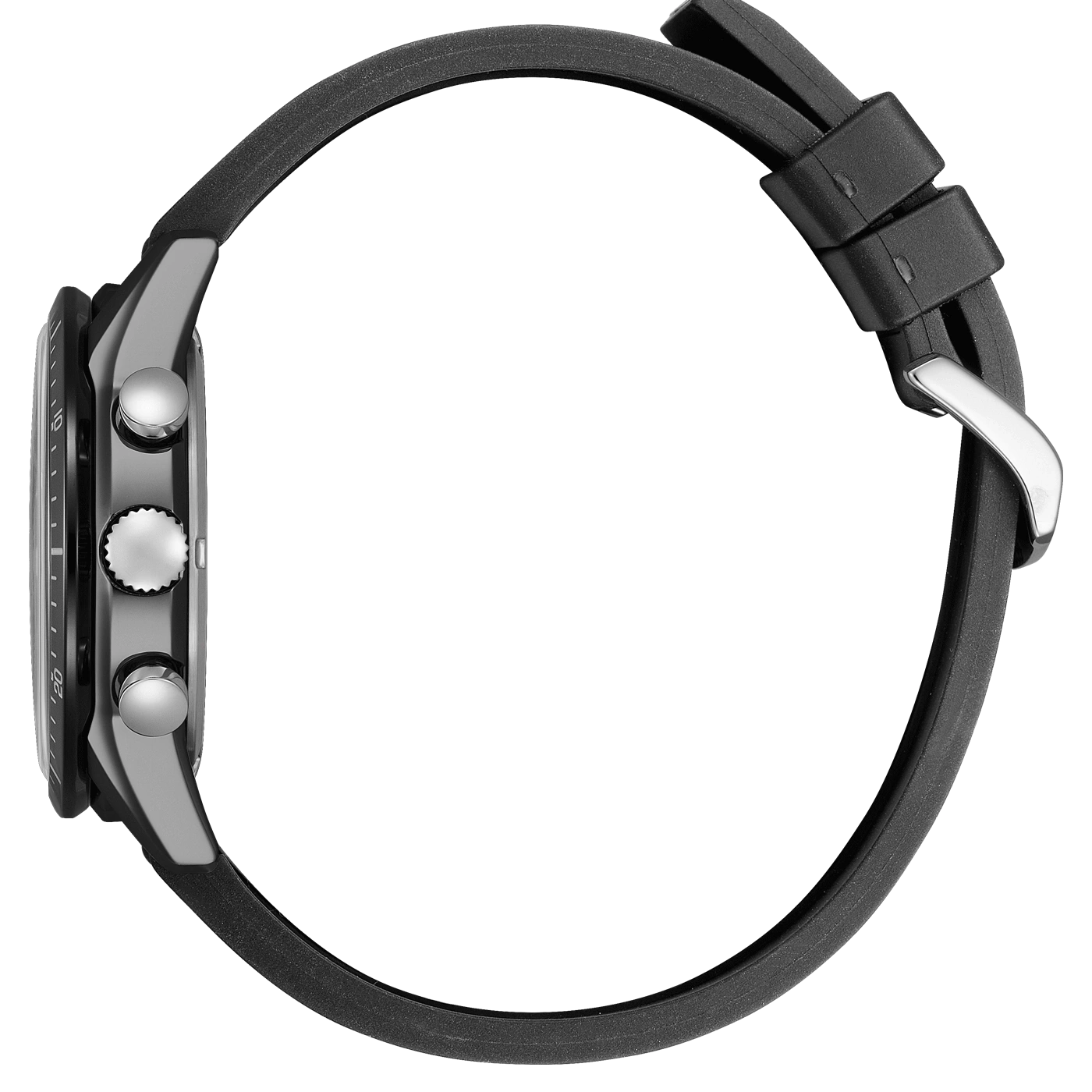 Zijaanzicht van een zwart horloge met een zwarte band en zilveren details.