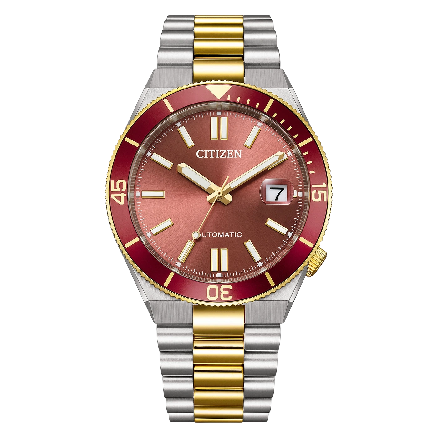 Close-up van een Citizen automatisch horloge met rode wijzerplaat en gouden accenten.