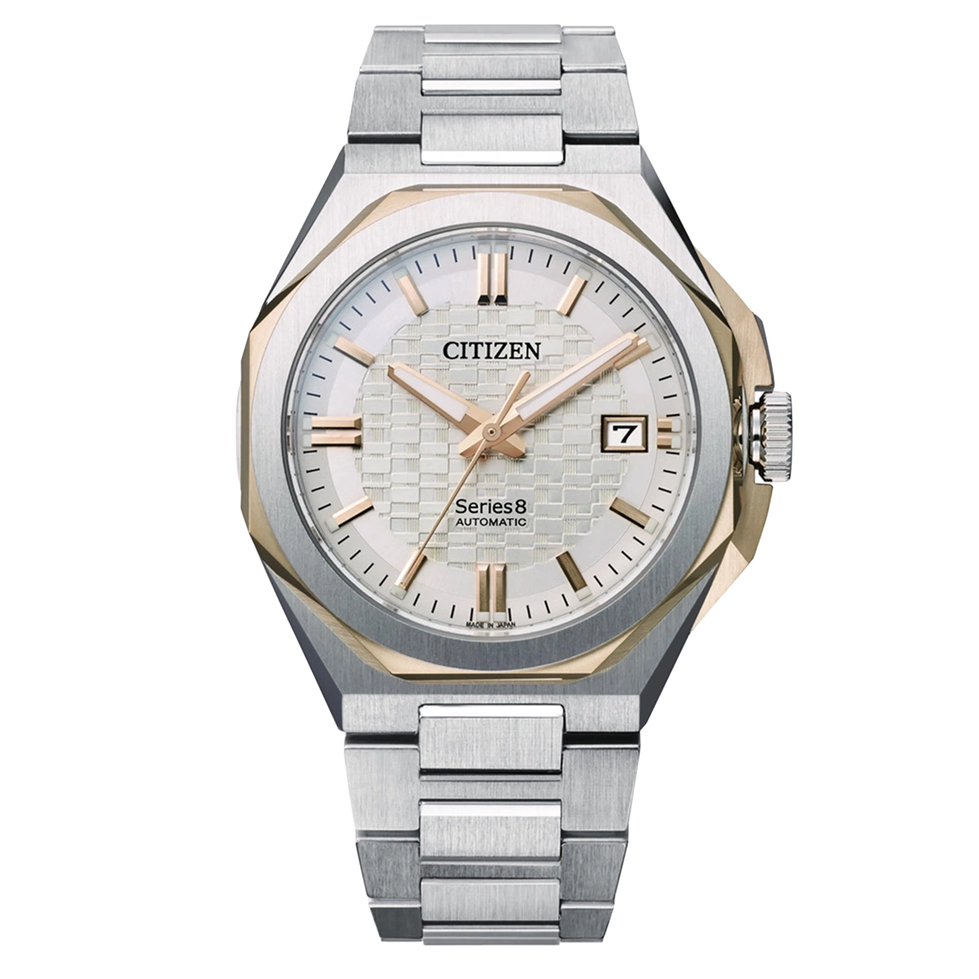 Een Citizen Series 8 automatisch horloge met een zilveren en gouden kast en band.