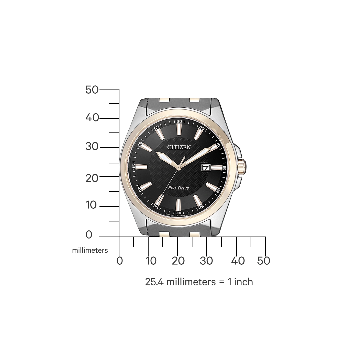 Citizen horloge met zwarte wijzerplaat en gouden accenten, met een liniaal voor schaal.