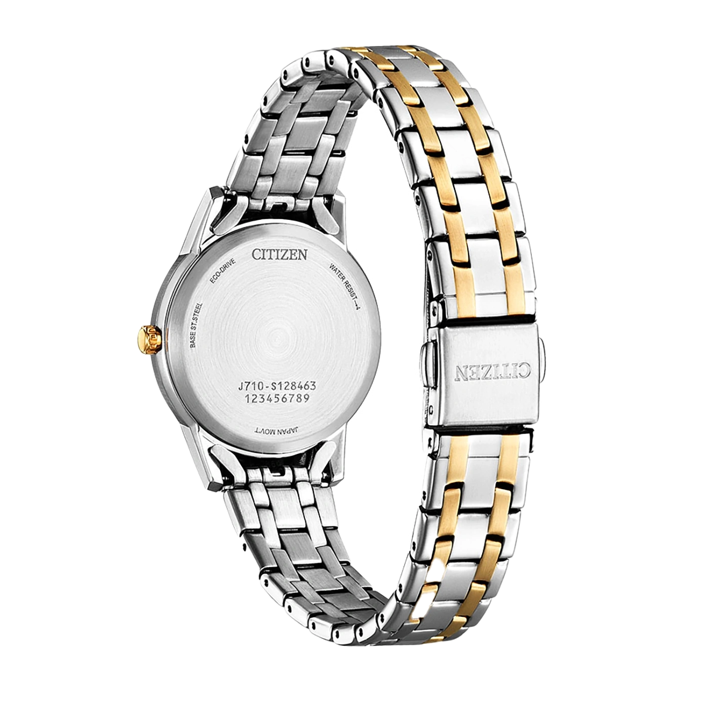 Citizen horlogerug, zilveren en gouden armband, Eco-Drive, waterbestendig, Japanse beweging.