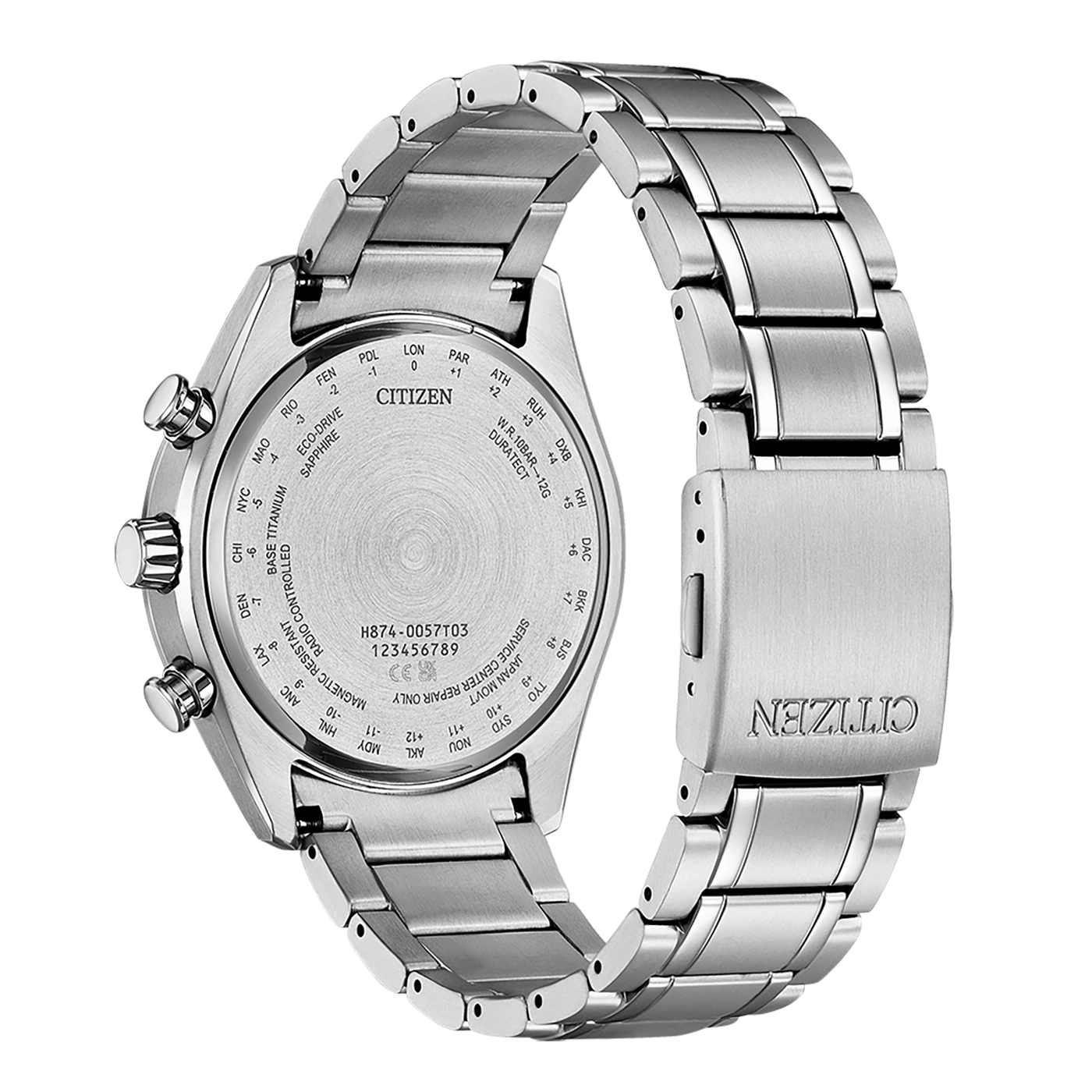 Achterkant van Citizen horloge met details: model, tijdzones en specificaties.