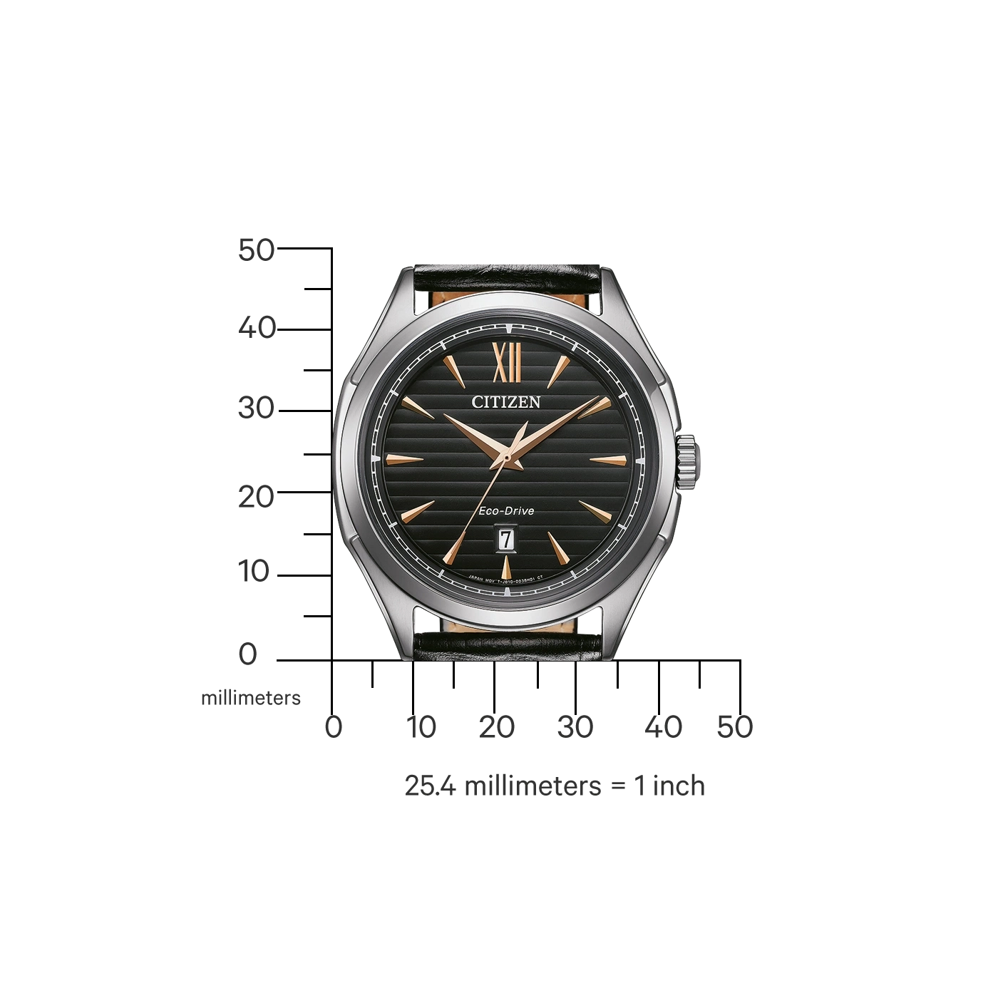 Citizen horloge met zwarte wijzerplaat, gouden wijzers en datumweergave.