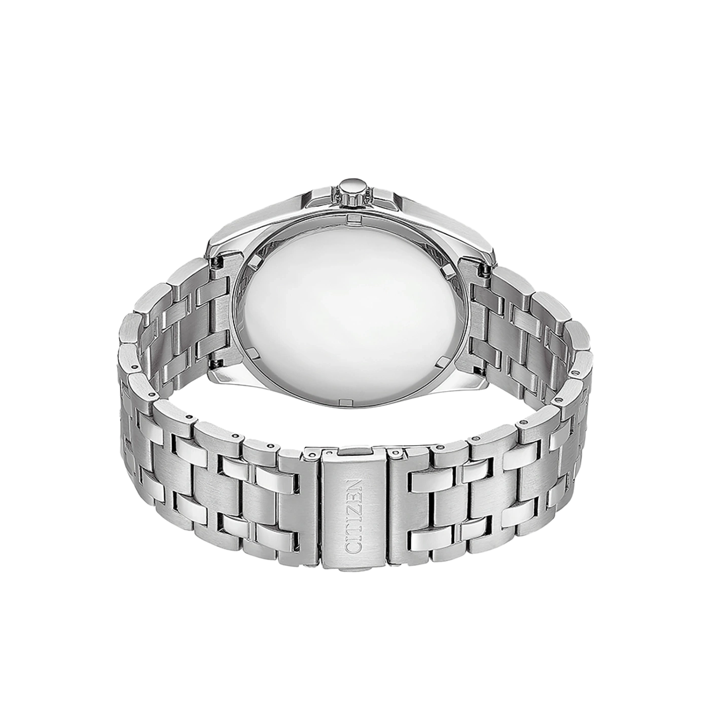 Citizen horloge achterkant, roestvrijstalen armband, zilver, close-up