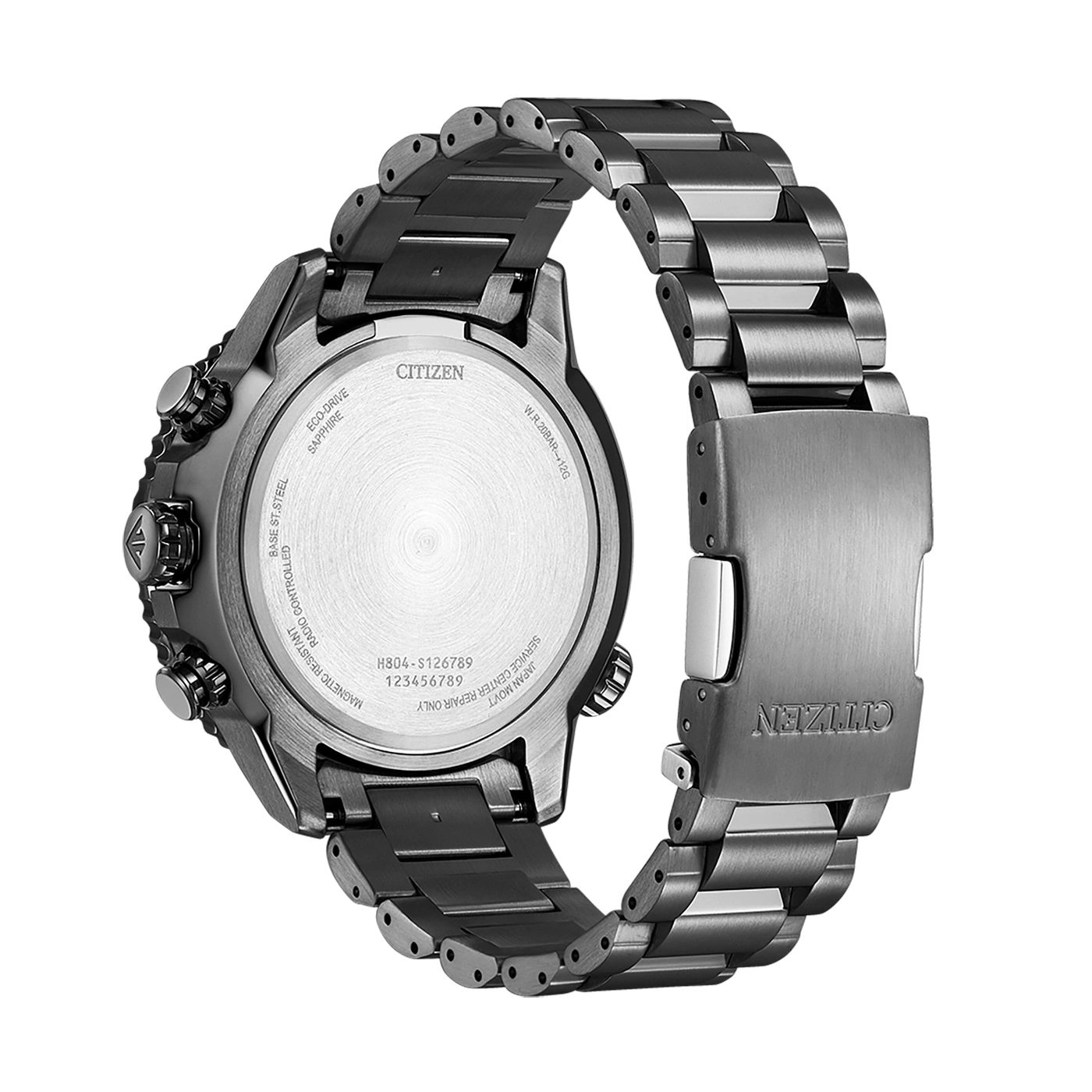 Citizen horlogerug met details: Eco-Drive, Saffier en serienummers.