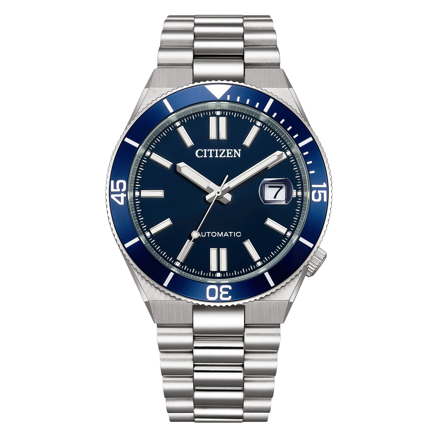 Een blauw Citizen automatisch horloge met een roestvrijstalen band.