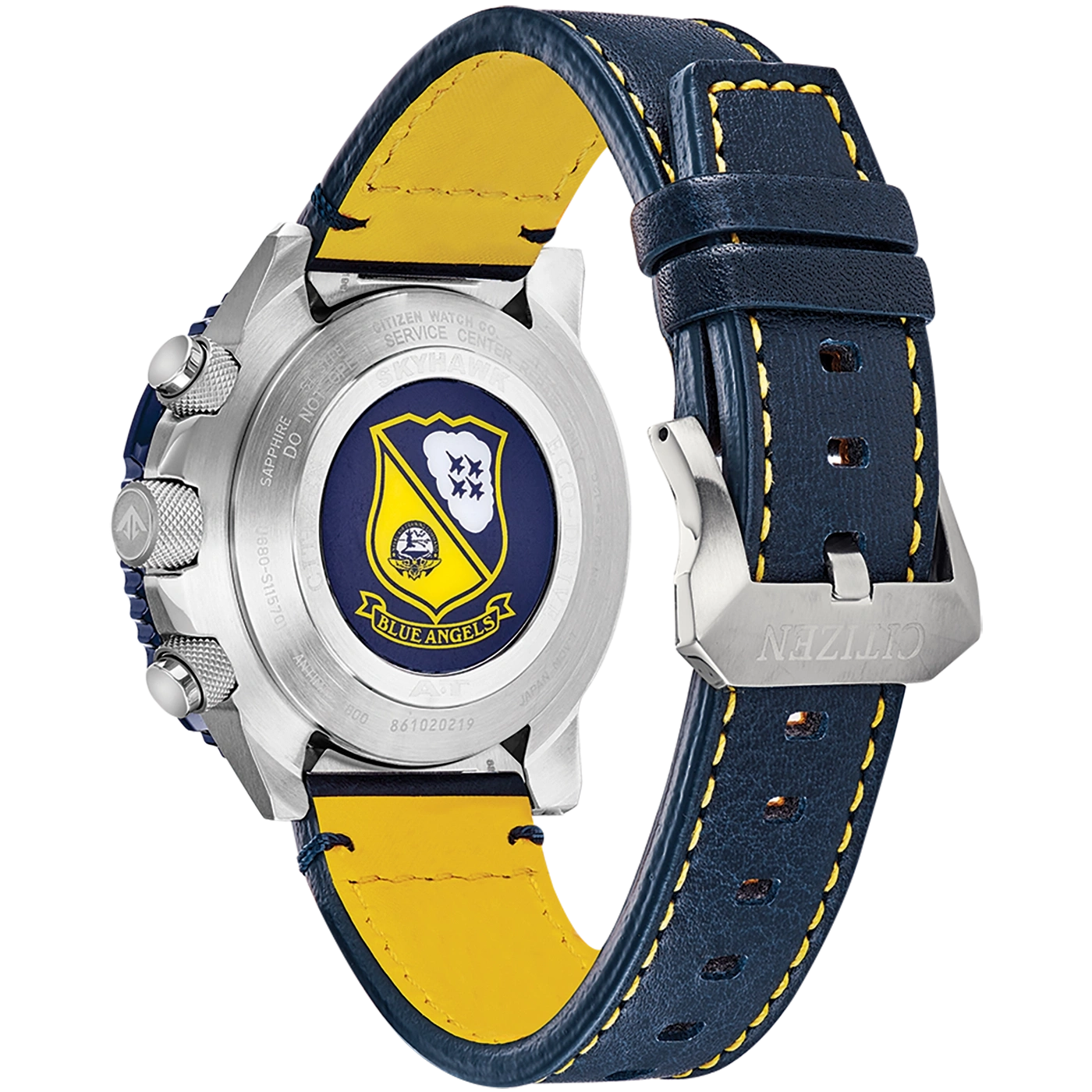 Citizen Blue Angels horloge, marineblauwe leren band, gele stiksels, achteraanzicht, logo.