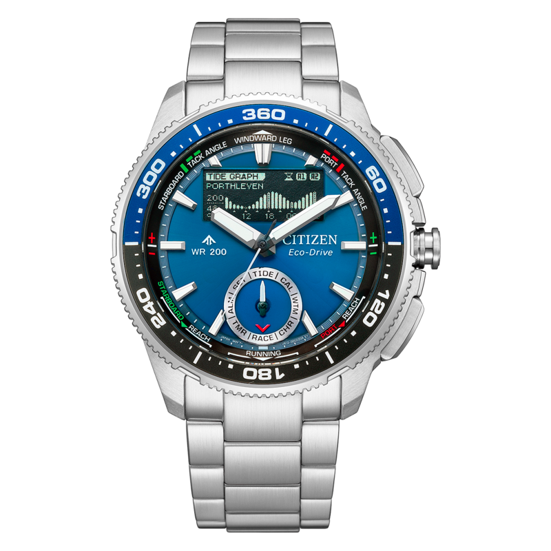 Een Citizen Eco-Drive horloge met een blauwe wijzerplaat en metalen band.