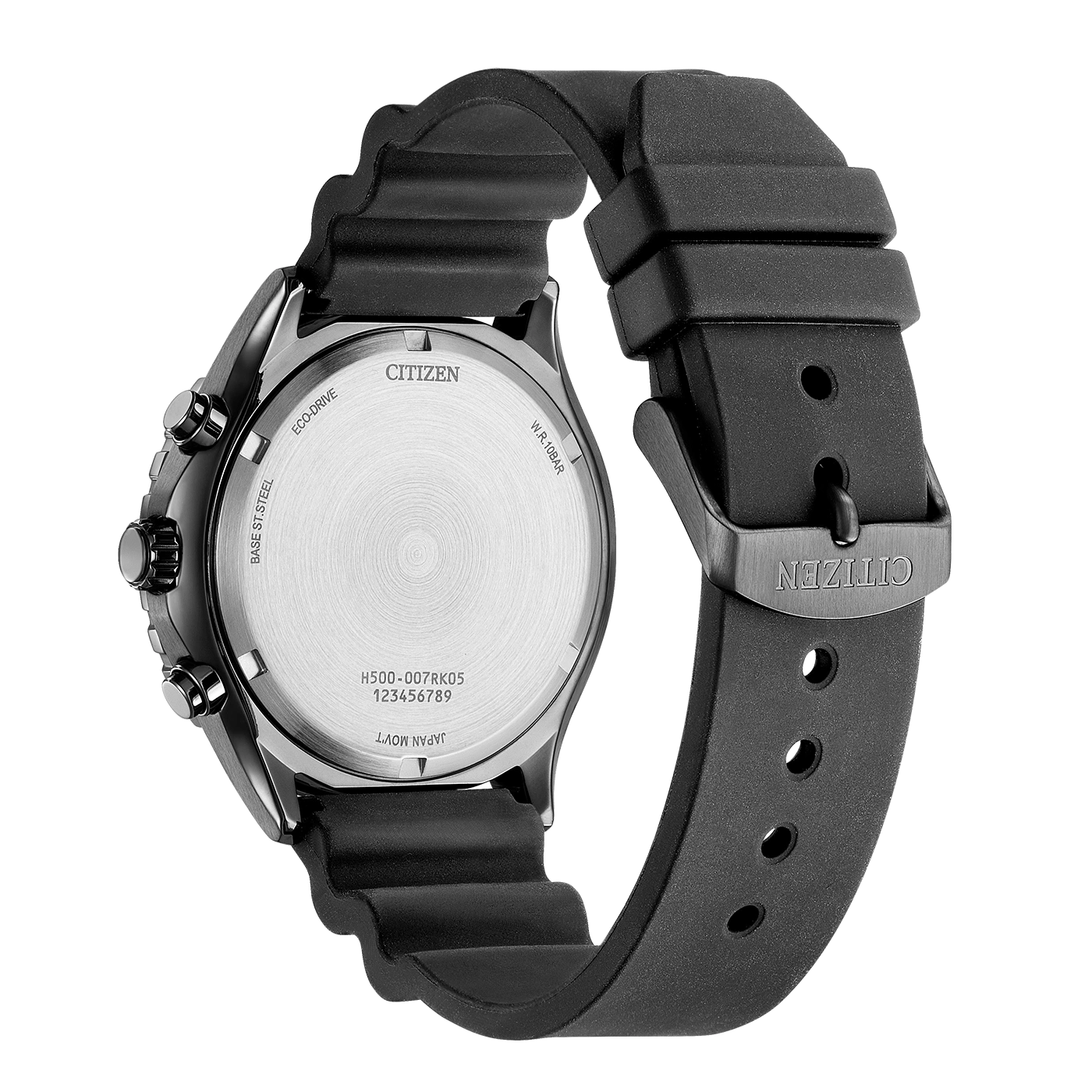 Citizen horloge met zwarte band, achteraanzicht, details en markeringen.